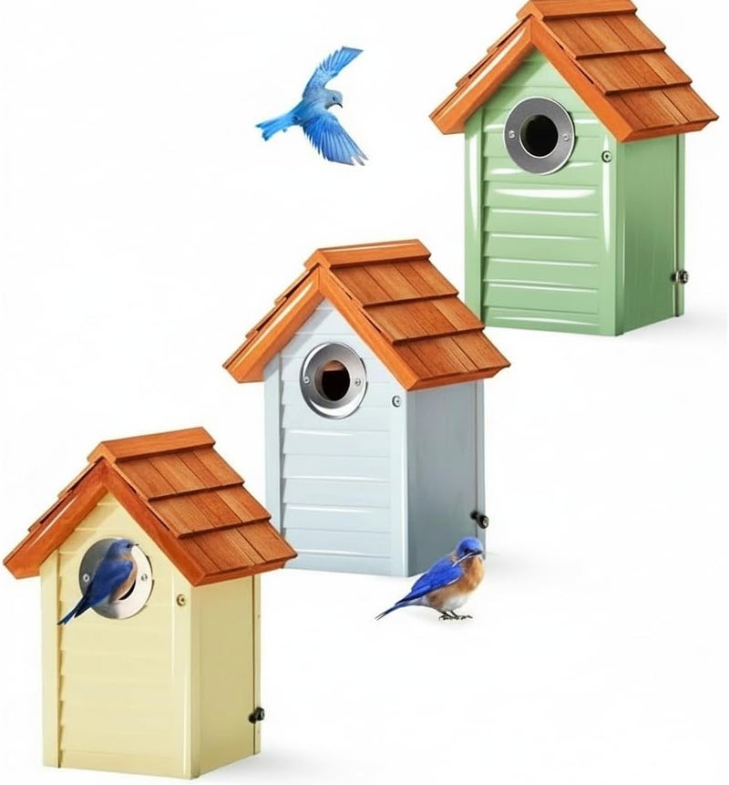 CEDAR ALPHA Bluebird Bird Houses for Outside Clearance - Set of 3 Nest Box with Stainless Steel Predator Guard - Alaskan Red Cedar Shingles Roof - UV Painting - 10 Years Outdoor(Beach Hut Houses) - Image 1